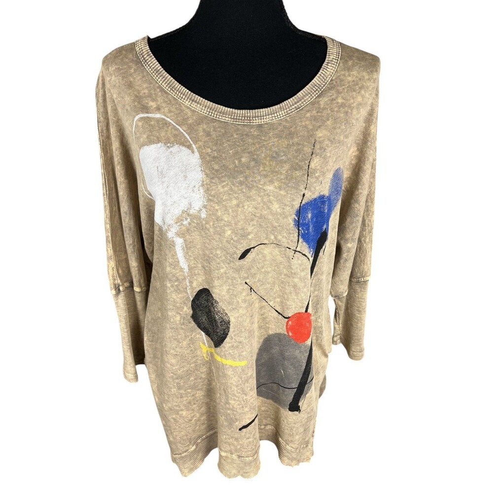 Jess & Jane Large Tan Mineral Washed Artsy Boho Abstract Print Raw Hem Oversized
